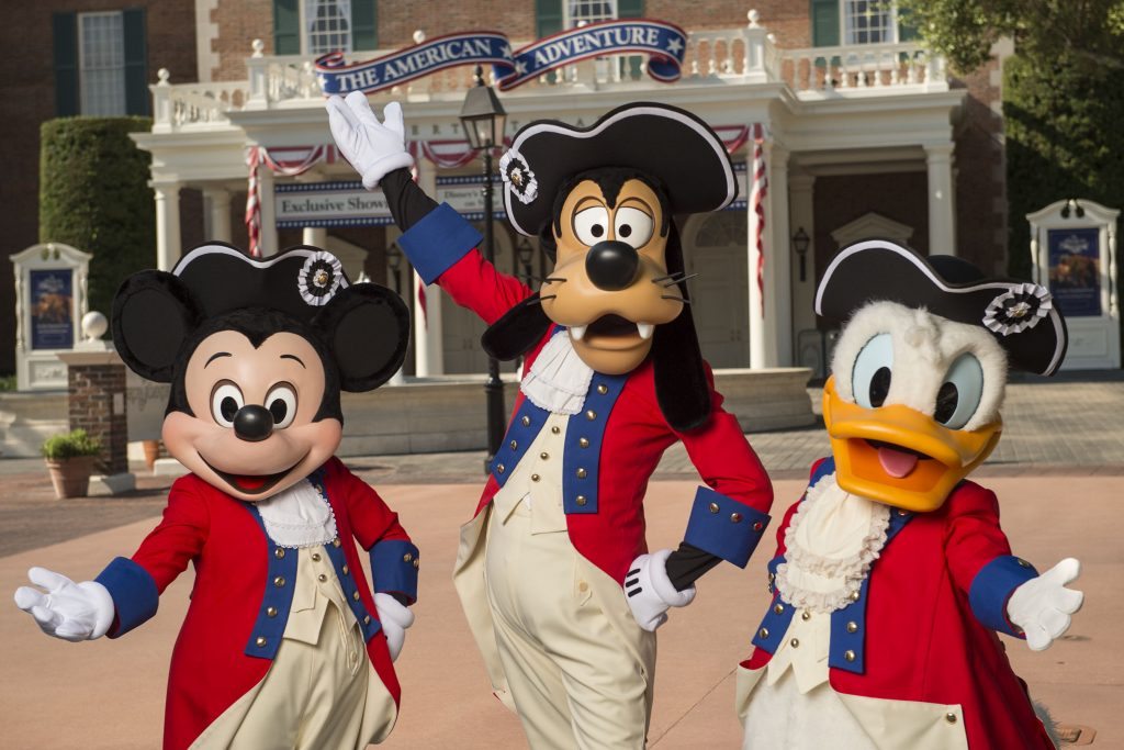 Disney Characters Mickey Mouse, Goofy and Donald Duck dress in their patriotic best to celebrate the Fourth of July at Walt Disney World Resort. The characters appear for meet and greets at the American Adventure at Epcot for the holiday. (David Roark, photographer)
